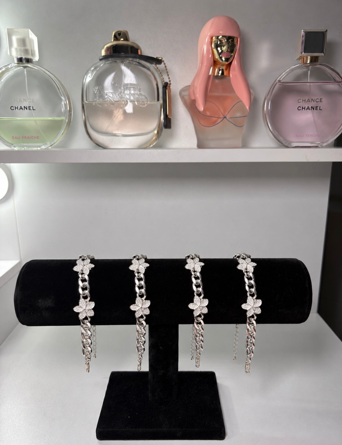 silver flower link bracelet